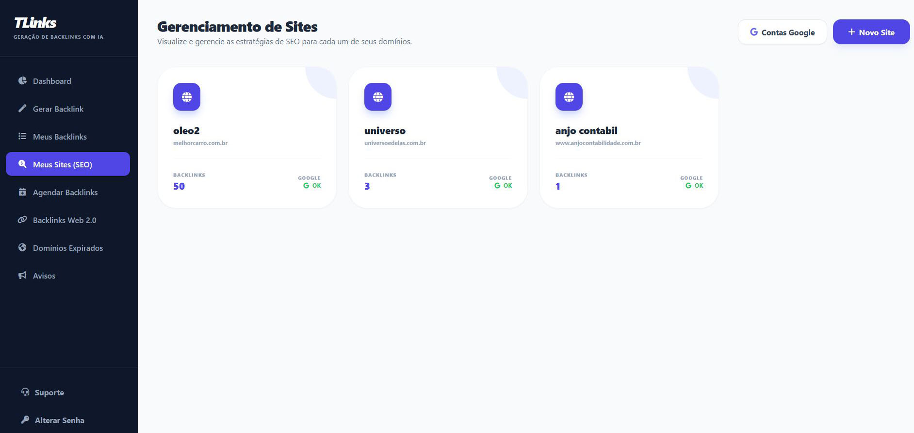 Gerenciamento de sites na TLinks