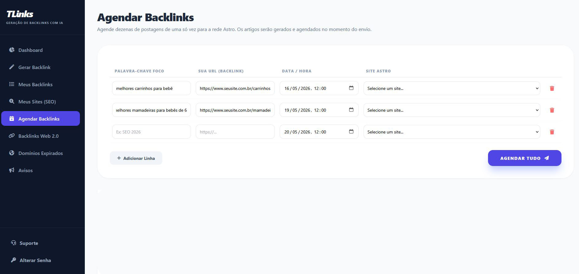 Agendamento de backlinks na TLinks