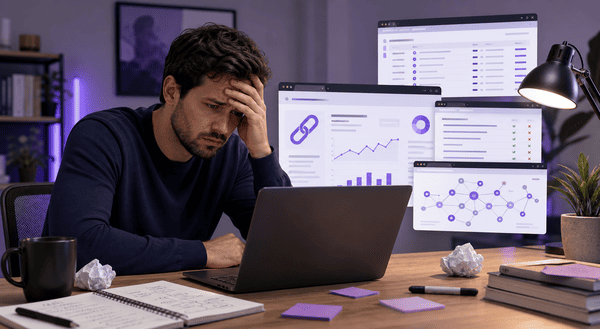 Pessoa triste no computador buscando sites para backlinks